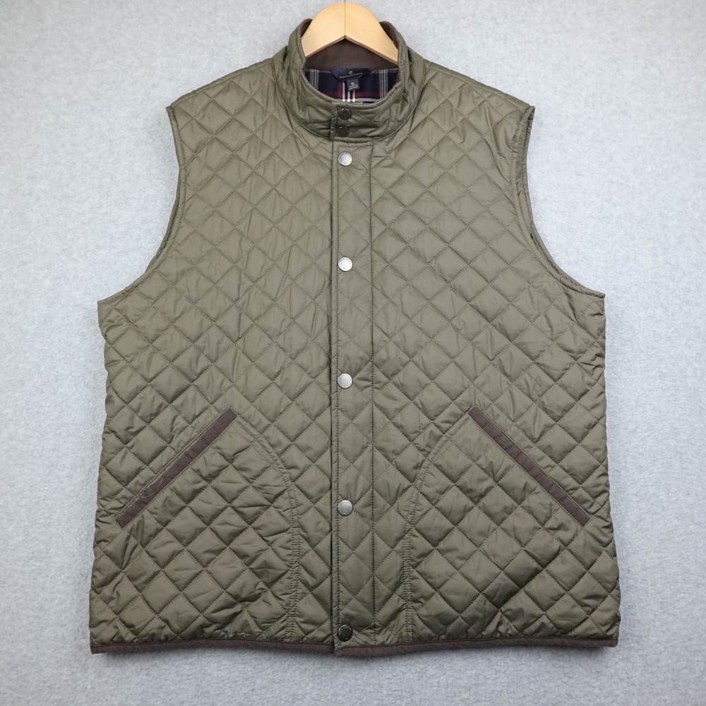 Brooks Brothers Thermore Vest Mens XL Olive Green Diamond Quilt Plaid Lined Zip